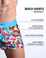 Infographic explaining the many features of these modern fit BANG ONE Beach Shorts by BANG! Clothes. These swimming shorts have a flat waistband, tapered sides for a contoured fit, 4-way stretch material, and quad-friendly leg length. 