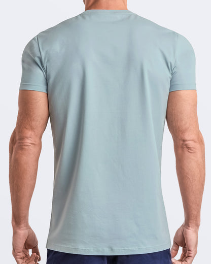 Back view of a pale light teal men's t-shirt, made from soft, durable and breathable modal cotton. Part of the DC2 Miami men's streetwear and beachwear collection, ideal for casual summer outfits