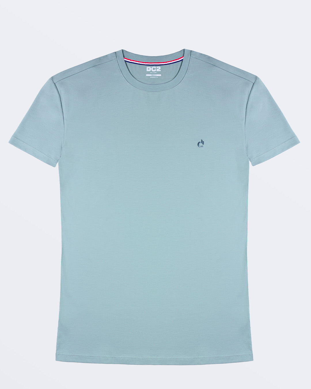 Frontal view of a male model wearing a light teal color modal cotton t-shirt with a bold red collar, crafted for stylish casual wear and beachwear by DC2 Miami. Premium quality men's streetwear t-shirt, perfect fit for summer fashion.