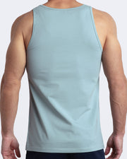 Back view of the BARELY TEAL men's fitness breathable tank top made of modal cotton blend in a solid light blue/green color by DC2 Miami menswear.