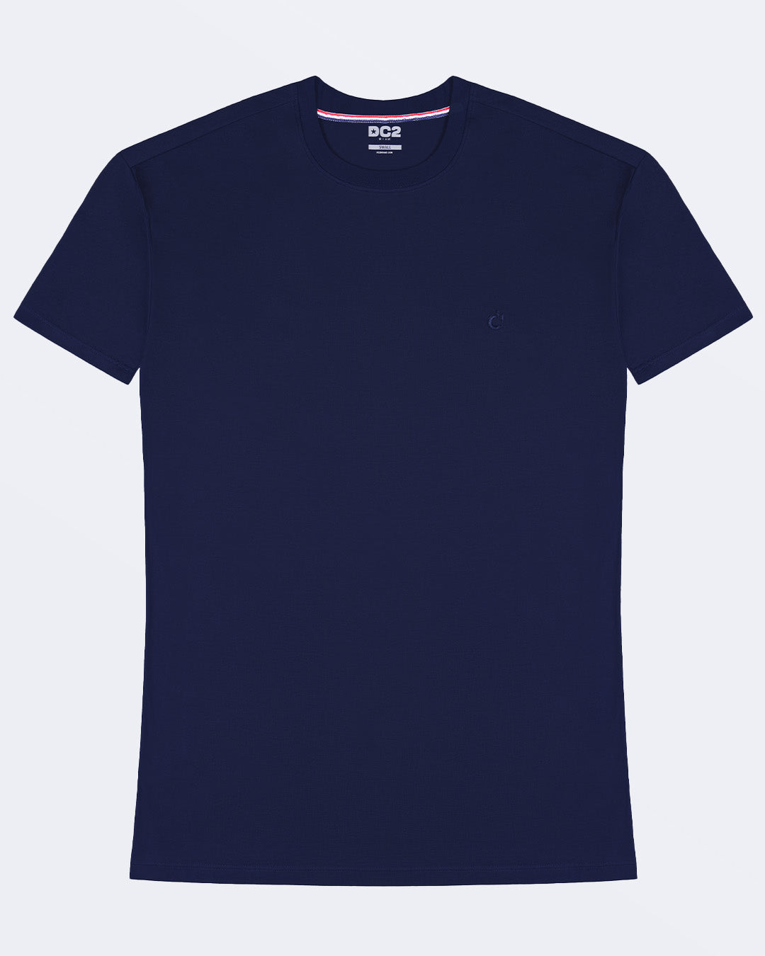 A model adjusting a navy blue modal cotton t-shirt, showcasing the breathable, lightweight fabric ideal for summer beachwear and street style. Part of the DC2 Miami men's casual collection, featuring a perfect fit for active wear