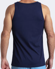 Back view of the BE MY NAVY men's fitness breathable tank top made of modal cotton blend in a solid dark navy blue color by DC2 Miami menswear.