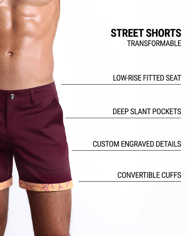 Men tailored fit chino shorts in BEAU BERRY by DC2 Keeps you feeling comfortable and looking sharp all. Classic chino shorts for men in a cotton blend from DC2 Clothing from Miami. Features two front pockets and custom engraved button front closure with zip fly. Can roll-up cuffs for shorter length and showing internal print. Or hem down for a mid-thigh length and full-solid red color showing.