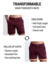 BEAU BERRY Street shorts by DC2 are tranformable. You're able to wear wear them 2 ways: Hem down or rolled-up cuffs. Hem down have a mid-thigh length, full solid color, and provide a classic chino shorts look. Rolled-up cuffs provide a shorter length, provide a fun print and eye-catching look.