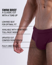 Infographic explaining the classic cut with a tune-up BERRY GOOD Swim Brief by DC2. These men swimsuit is low-rise seat for optimal fit, available with or without 'Full-Pack' insert, comfier front pouch, and fully lined inside.