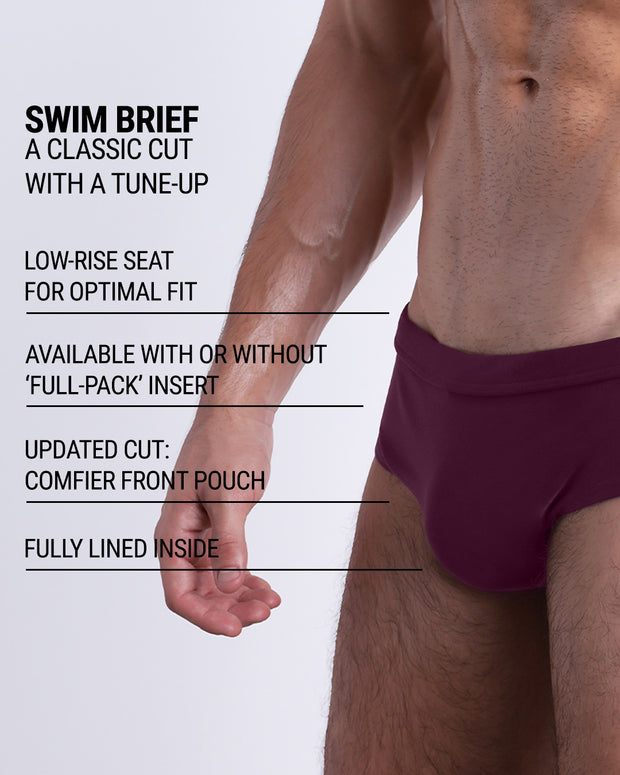 Infographic explaining the classic cut with a tune-up BERRY GOOD Swim Brief by DC2. These men swimsuit is low-rise seat for optimal fit, available with or without &