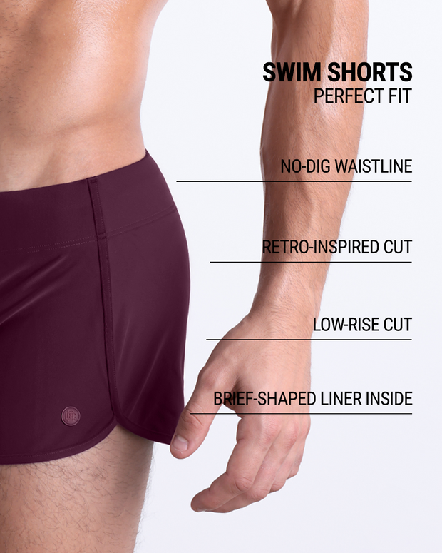 These infographics illustrate the features of the new DC2 Swim Shorts in BERRY GOOD. They have a retro-inspired cut, a low-rise design, and a brief-shaped liner inside, while the no-dig waistline ensures maximum comfort.