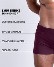 Infographic explaining the Swim Trunks swimming shorts by DC2. These Swim Trunks have a skin-hugging fit, have a waistband drawstring, zippered mini pocket, square-cut silhouette and quick-dry fabric.