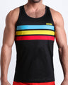 Frontal view of model wearing the BIONIC Stripes men’s tank top by the Bang! brand of men's beachwear from Miami.