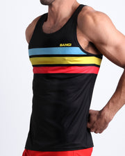 Side view of model wearing the BIONIC Stripes men’s tank top by the Bang! brand of men's beachwear from Miami.