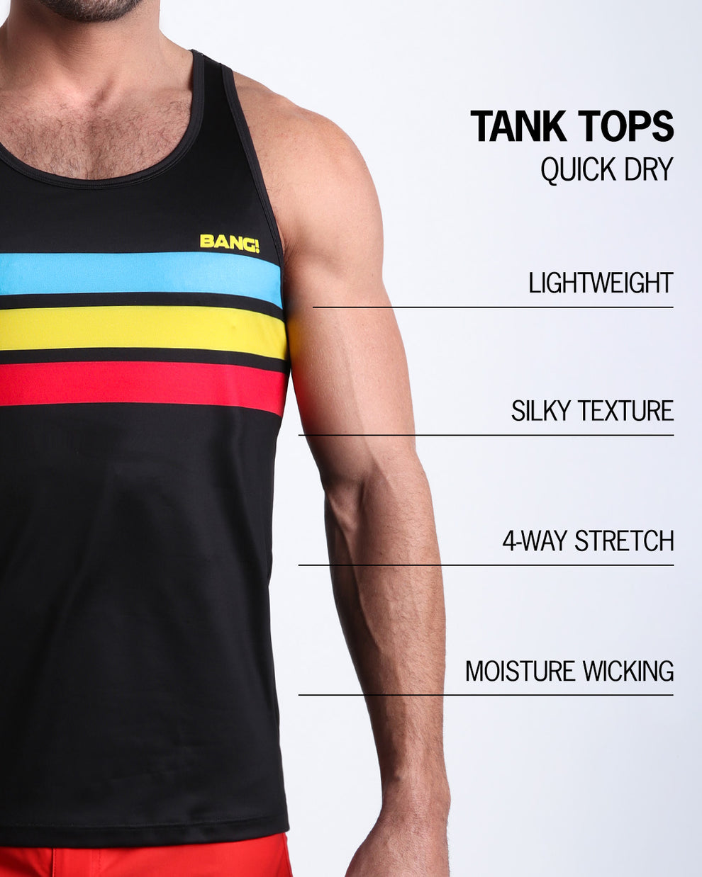 Infographic explaining how lightweight, silky texture, 4-way stretch, moisture wicking material of the BANG! clothes fitness tank top.