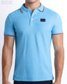 Front view of the BISCAYNE LIGHT BLUE Polo Shirt. It features a slim fit and short sleeves for a modern twist. Made from Peru's premium Pima Cotton, it's stylish and comfortable by DC2 a BANG! Miami Clothes capsule brand.