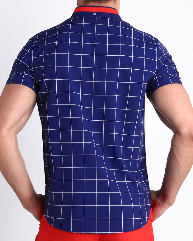 Back side of the BJORN AGAIN (BLUE) stretch shirt for men inspired  in remixed concept inspired by iconic P.L. Rolando&