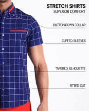 An infographic explaining the features of the men’s sleeveless Hawaiian Stretch Shirt. The shirt offers superior comfort, a fitted cut, tapered silhouette, cuffed sleeves, and a button-down collar.