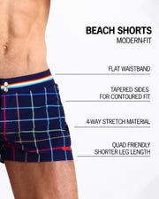 Infographic explaining the many features of these modern fir BEACH SHORTS by BANG! Clothes. These swimming shorts have flat waistband, tapared sides for a contoured fit, 4-way stretch material, and are quad friendly leg length.