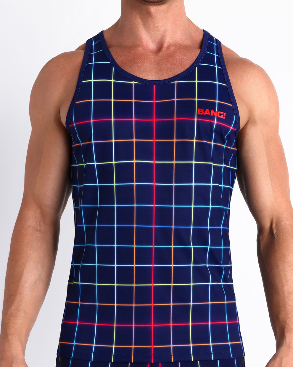 Front view of model wearing the BJORN THIS WAY (BLACK) men’s beach tank top in a white color with rainbow stripes by the Bang! Clothes brand of men's beachwear from Miami.