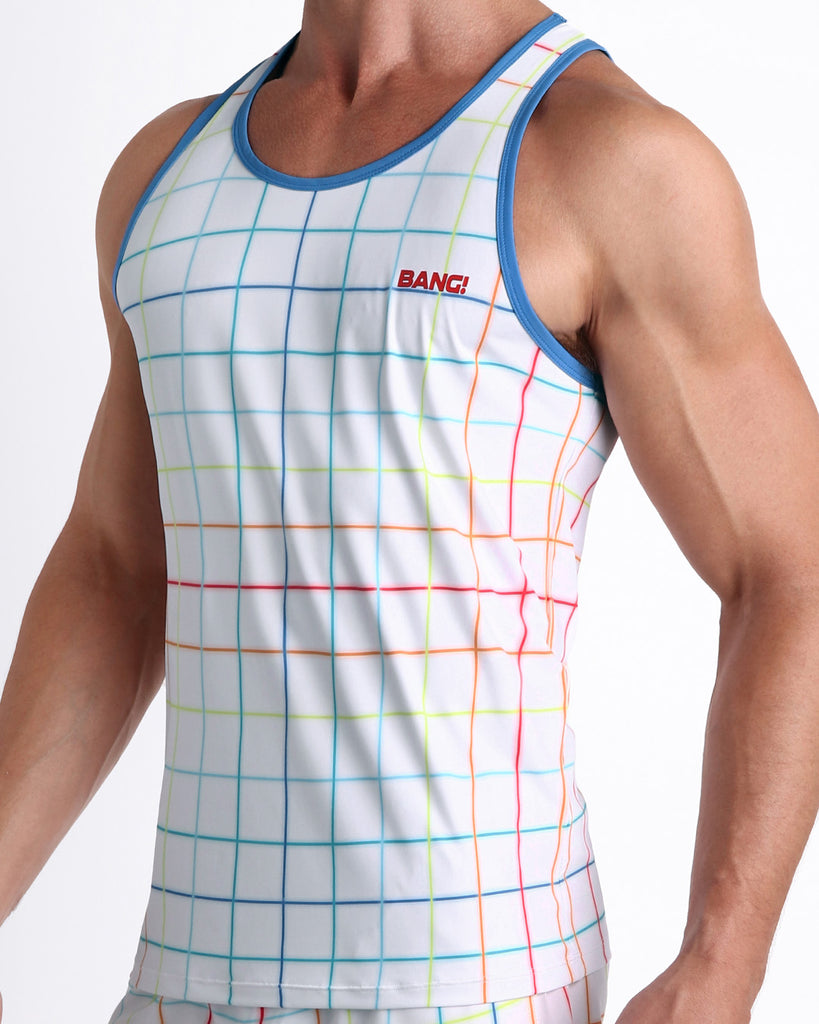 Side view of men’s casual tank top in BJORN THIS WAY (LIGHT) in white with color stripes in red, orange, yellow, green made by Miami based Bang brand of men's beachwear.