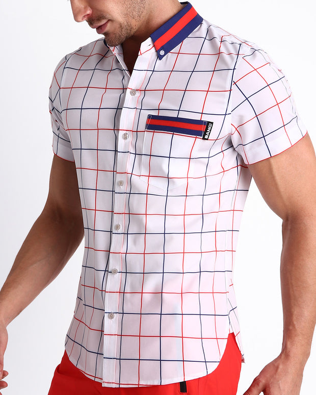 Side view of the BJORN TO BE ALIVE men’s Summer button down in white with vitange checkered stripes with front pocket by Miami based Bang brand of men&