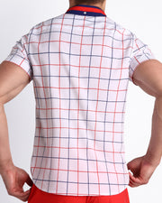 Back side of the BJORN TO BE ALIVE stretch shirt for men in a white color with blue & red checkered stripes by BANG! Miami.