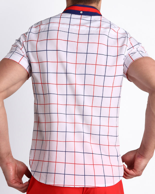 Back side of the BJORN TO BE ALIVE stretch shirt for men in a white color with blue & red checkered stripes by BANG! Miami.