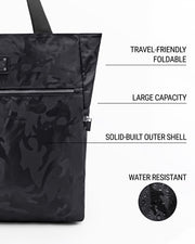 Infographic highlighting the key features of the BLACK CAMO Poolside Tote Bag by DC2 Miami. The image showcases the bag's black camouflage design and points out its travel-friendly foldable nature, large capacity, solid-built outer shell, and water-resistant material. A close-up of water droplets on the fabric illustrates the water resistance of the bag.