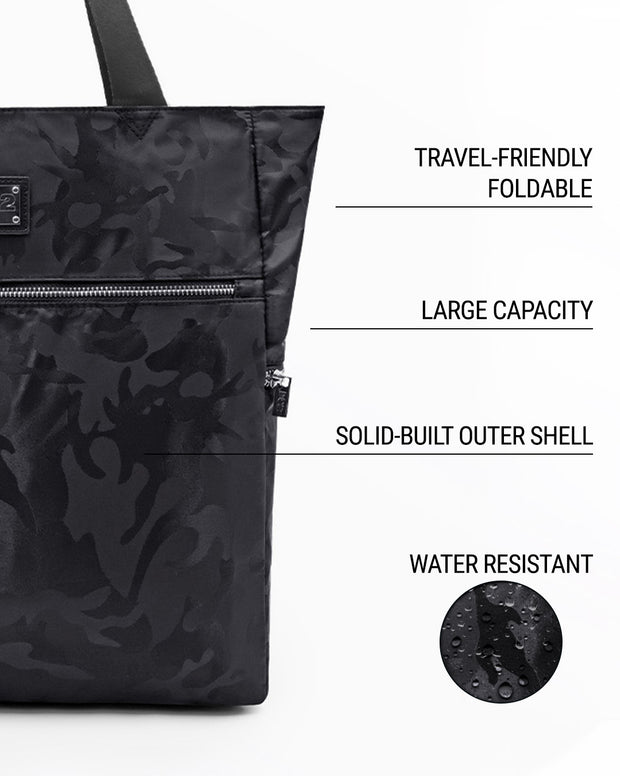 Infographic highlighting the key features of the BLACK CAMO Poolside Tote Bag by DC2 Miami. The image showcases the bag&