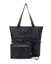 Front view of the BLACK CAMO Poolside Tote Bag by DC2 Miami, featuring a sleek black camouflage pattern. The tote is spacious with durable black handles and multiple zippered compartments, including a detachable pouch with a matching design. Made from high-quality, water-resistant material, this versatile tote bag is perfect for beach outings or casual everyday use.