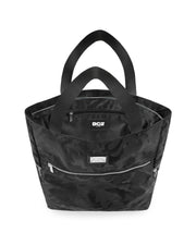 Top view of the BLACK CAMO Poolside Tote Bag by DC2 Miami, showcasing the spacious interior with a visible DC2 Miami logo label. The bag features a black camouflage pattern with sturdy black handles and multiple zippered compartments for secure storage.