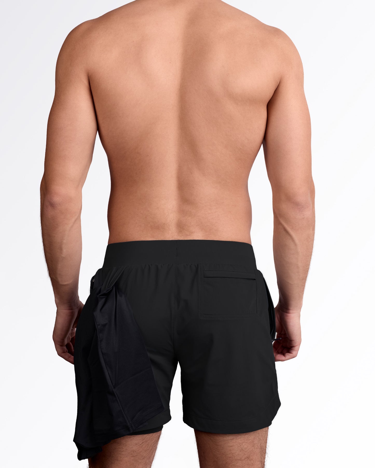Back side of men's lined gym workout shorts in black color from DC2 Miami fitness menswear.
