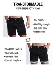 BLACK FOR GOOD Street shorts by DC2 are tranformable. You're able to wear wear them 2 ways: Hem down or rolled-up cuffs. Hem down have a mid-thigh length, full solid color, and provide a classic chino shorts look. Rolled-up cuffs provide a shorter length, provide a fun print and eye-catching look.