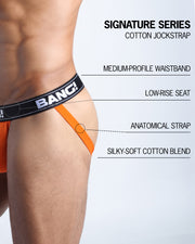 Infographic explaining the features of the BANG! Clothes Cotton Jockstrap from the Signature Series. These men’s underwear feature a silky-soft cotton blend, medium-profile waistband, low-rise seat, and anatomical strap.