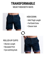 BLOOMING BLUE Street shorts by DC2 are tranformable. You're able to wear wear them 2 ways: Hem down or rolled-up cuffs. Hem down have a mid-thigh length, full solid color, and provide a classic chino shorts look. Rolled-up cuffs provide a shorter length, provide a fun print and eye-catching look.