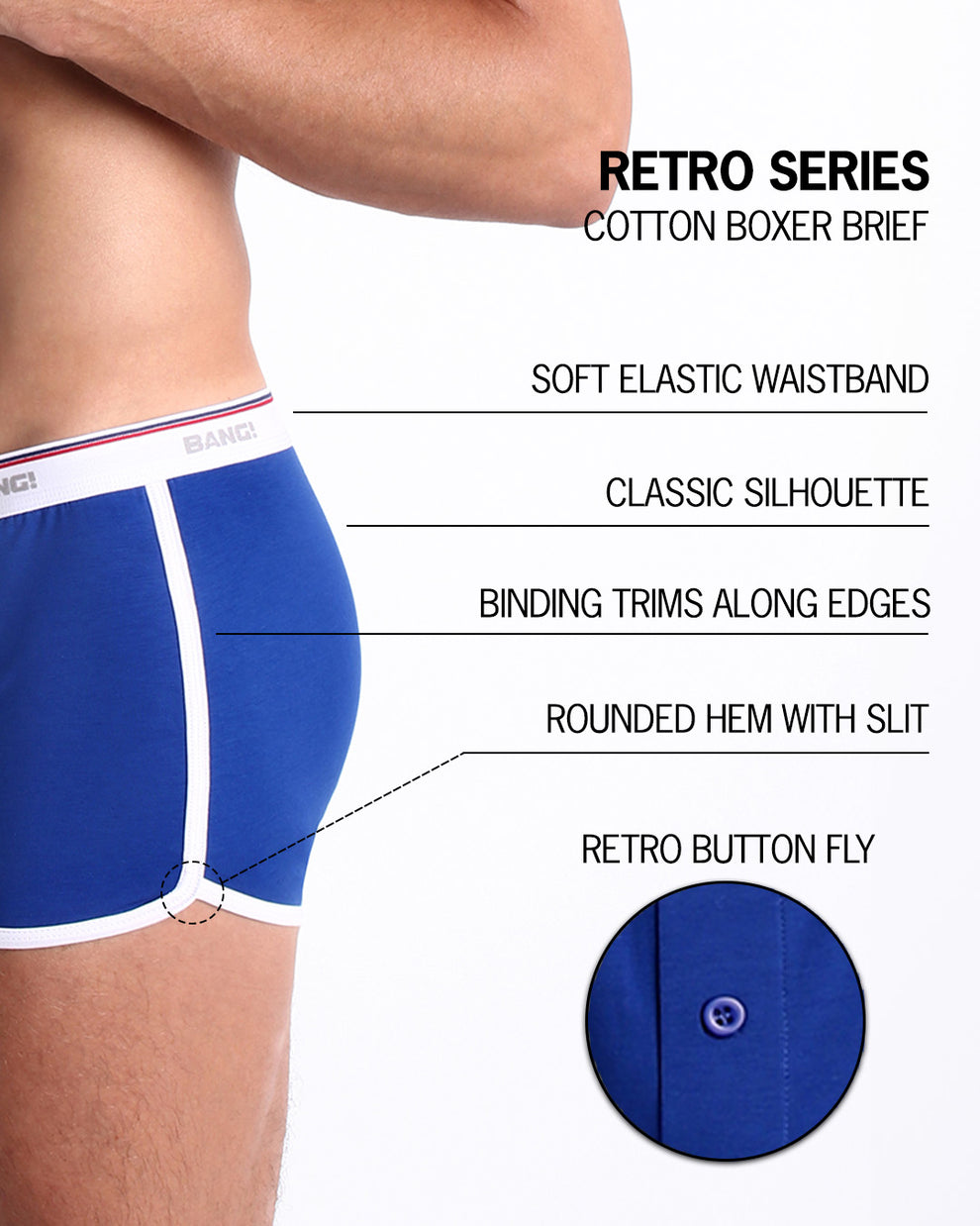 An infographic displays the premium quality of the Cotton Boxer Brief Retro Series. It features a soft elastic waistband, classic silhouette, binding trims along edges, round hem with slit, and a retro button fly.