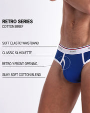 An infographic displays the premium quality of the Cotton Brief Retro Series. It features a soft waistband, classic silhouette, retro y-front opening, and silky cotton blend.