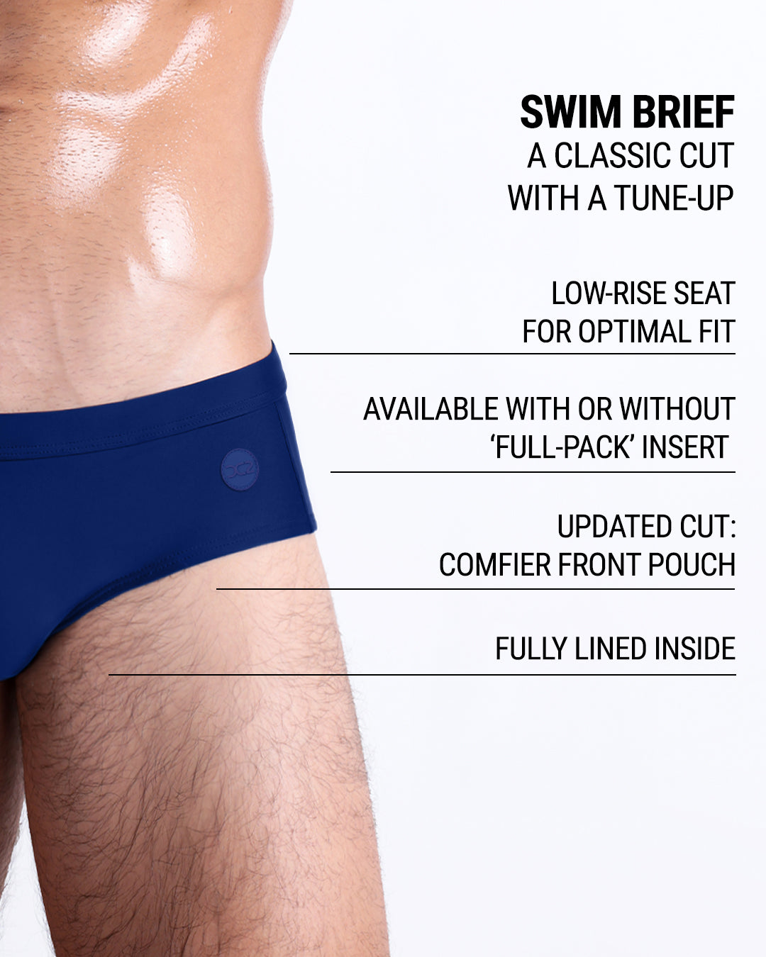 Product breakdown graphic of BLUE BY THE OCEAN swim briefs — featuring updated pouch design, low-rise seat, and fully lined interior.