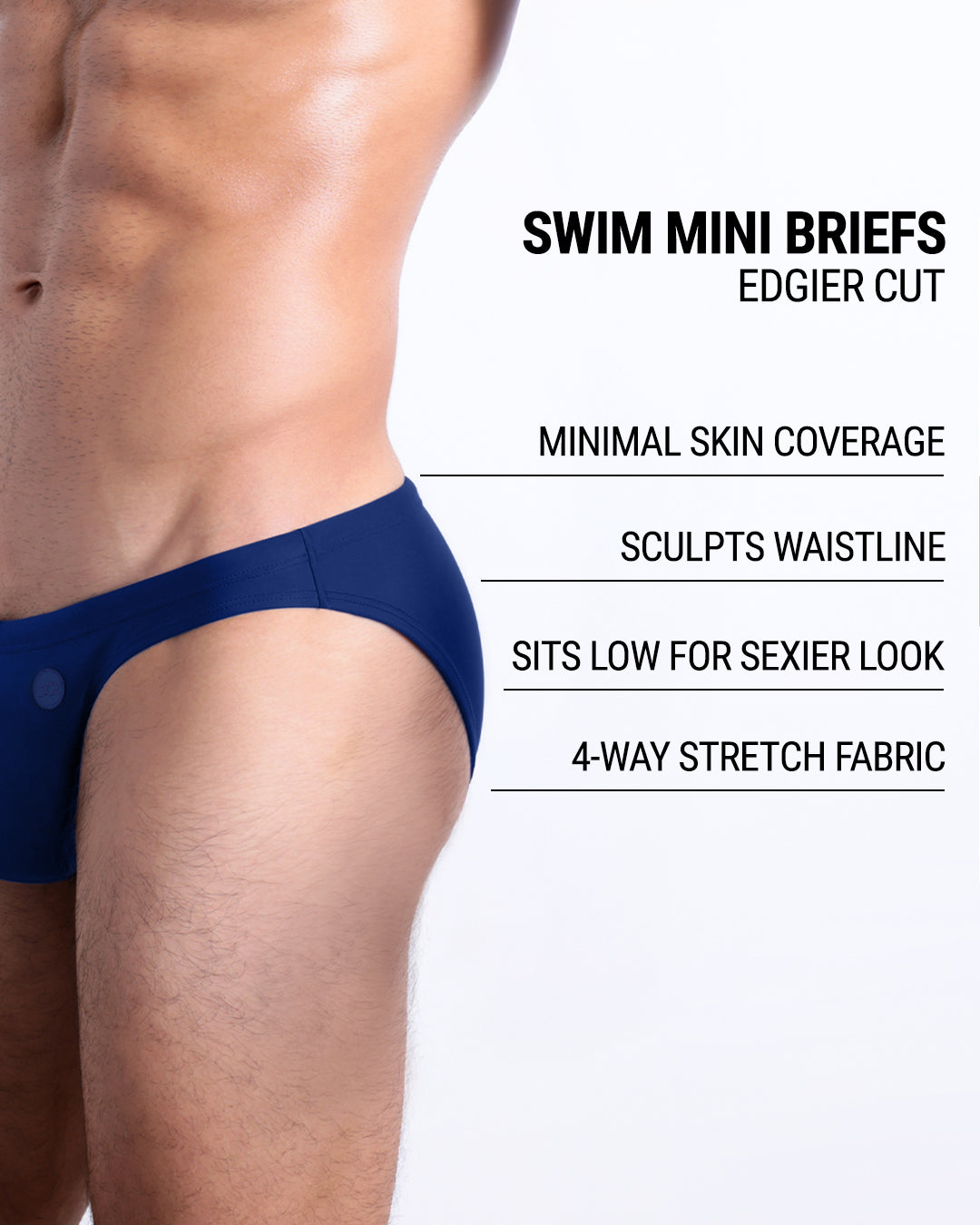 DC2 Blue by the Ocean Swim Mini Brief fit details — minimal skin coverage, low-rise sexy fit, sculpted waistline, and 4-way stretch fabric.