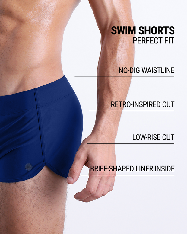 These infographics illustrate the features of the new DC2 Swim Shorts in BLUE BY THE OCEAN. They have a retro-inspired cut, a low-rise design, and a brief-shaped liner inside, while the no-dig waistline ensures maximum comfort.