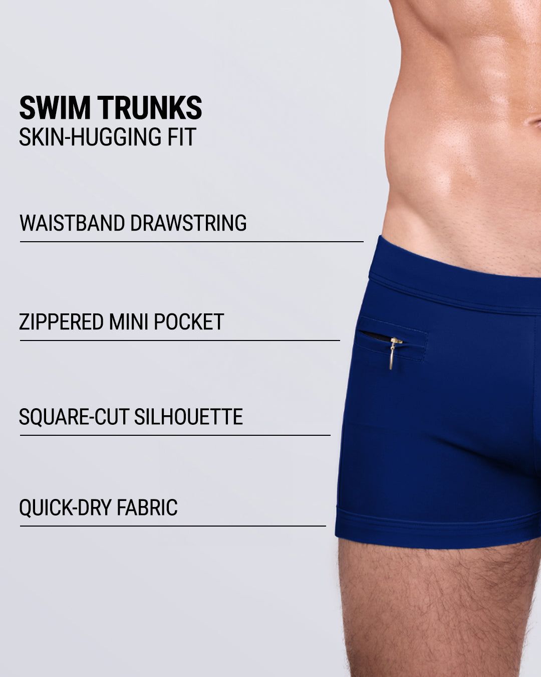 Product details graphic of Blue by the Ocean Swim Trunks — showcasing waistband drawstring, zippered mini pocket, square-cut silhouette, and quick-dry stretch fabric.

