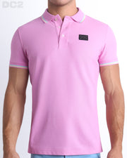 Front view of the BONBON PINK Polo Shirt. It features a slim fit and short sleeves for a modern twist. Made from Peru's premium Pima Cotton, it's stylish and comfortable by DC2 a BANG! Miami Clothes capsule brand.