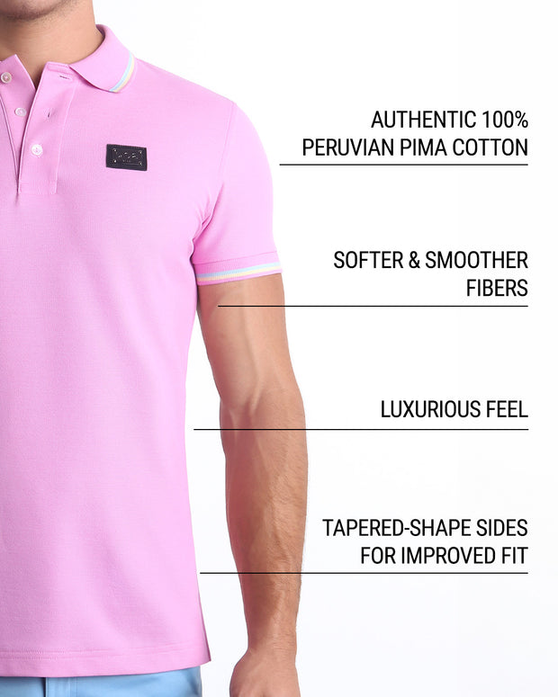 Infographic explaining that DC2 Polo Shirts are crafted from authentic 100% Peruvian Pima Cotton, featuring softer and smoother fibers, a luxurious feel, and tapered sides for an improved fit.