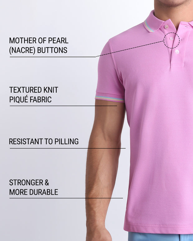 An infographic explaining that DC2 Polo Shirts feature mother of pearl (nacre) buttons, textured knit pique fabric, resistance to pilling, and enhanced strength and durability.