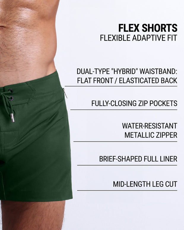 DC2’s Flex Shorts feature a dual-type “hybrid” waistband, fully-closing zip pockets, water-resistant metallic zipper, full liner, and mid-length leg cut for an adaptive, flexible fit.
