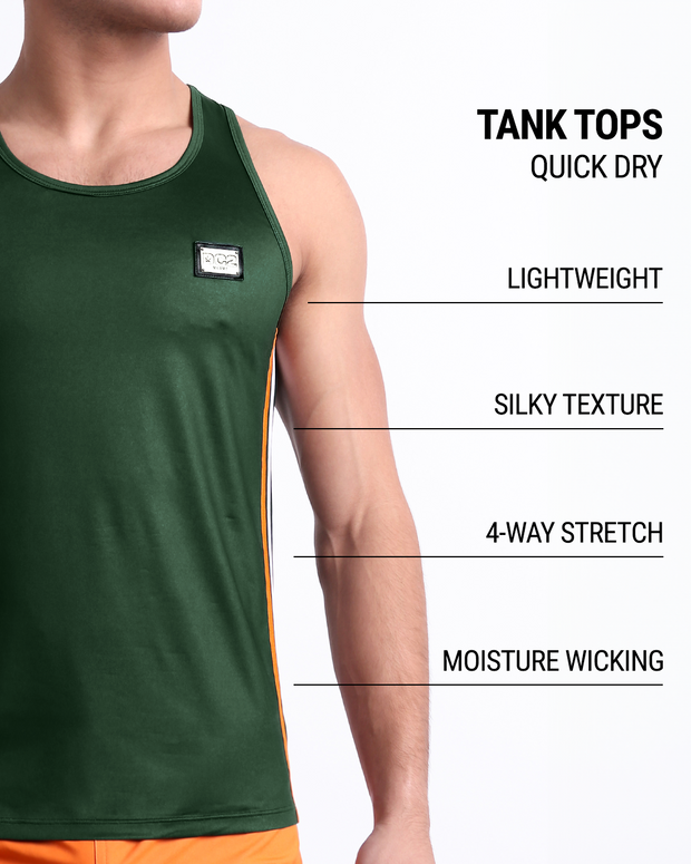 An infographic explaining the features of the lightweight, silky texture, 4-way stretch, and moisture-wicking material of the DC2 fitness tank top.