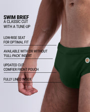 Infographic explaining the classic cut with a tune-up BRAVE GREEN Swim Brief by DC2. These men swimsuit is low-rise seat for optimal fit, available with or without 'Full-Pack' insert, comfier front pouch, and fully lined inside.