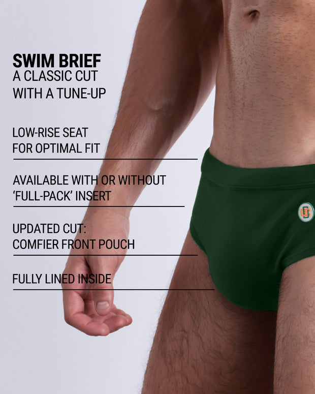 Infographic explaining the classic cut with a tune-up BRAVE GREEN Swim Brief by DC2. These men swimsuit is low-rise seat for optimal fit, available with or without &