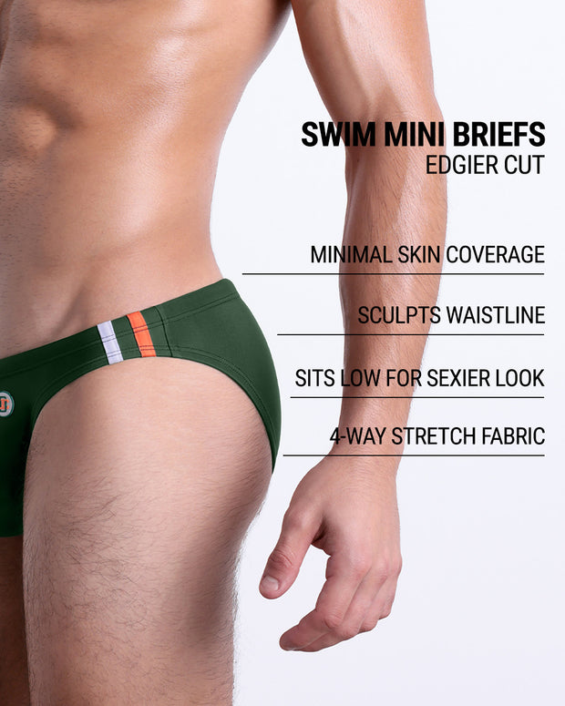 Close-up view of the BRAVE GREEN men’s drawstring briefs showing black cord with custom branded metallic silver cord ends, and custom DC2 logo.