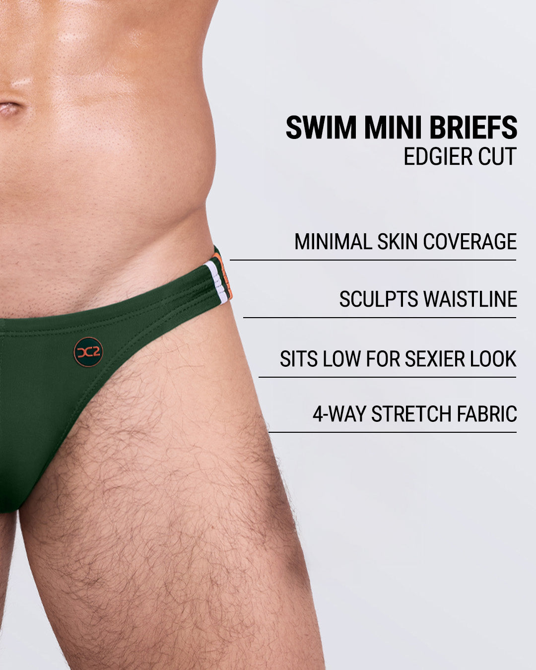 Close-up view of the BRAVE GREEN men’s drawstring briefs showing black cord with custom branded metallic silver cord ends, and custom DC2 logo.