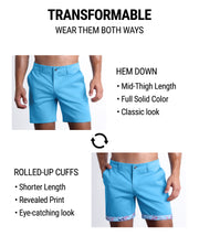 BREEZY BLUE Street shorts by DC2 are tranformable. You're able to wear wear them 2 ways: Hem down or rolled-up cuffs. Hem down have a mid-thigh length, full solid color, and provide a classic chino shorts look. Rolled-up cuffs provide a shorter length, provide a fun print and eye-catching look.