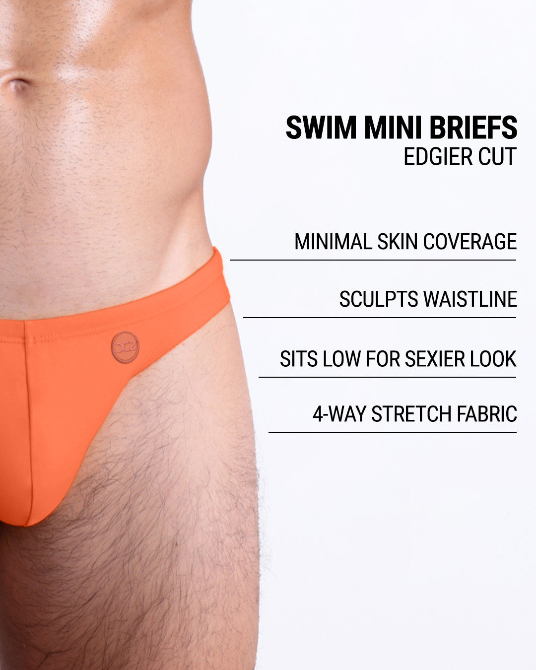 Product details graphic of Bronze Factor Swim Mini Briefs — showcasing minimal skin coverage, low-rise fit, and 4-way stretch fabric for ultimate movement.