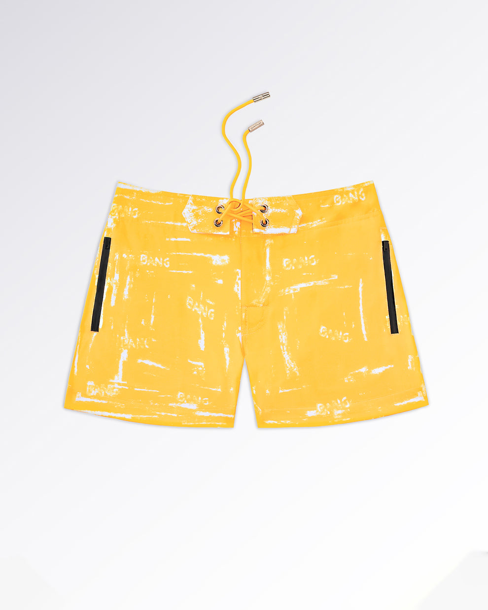 BANG! Miami Brush Rush (Yellow) Flex Shorts — flat lay of bright yellow flex shorts featuring abstract white brushstroke graphics, lace-up waistband, and zip pocket detailing.